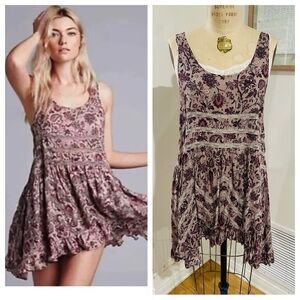 Free People Intimately Printed Floral Voile & Lace Trapeze Slip Dress, Medium